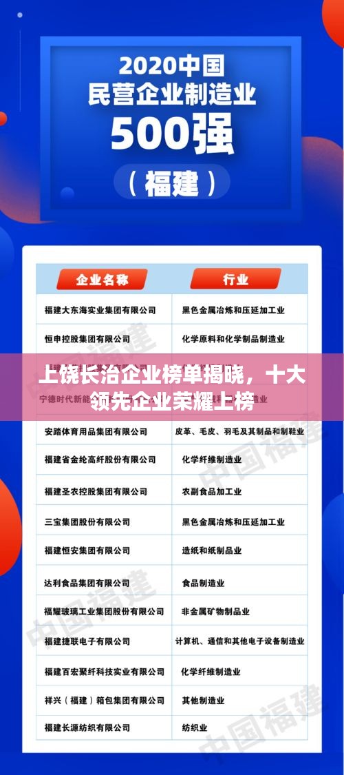 上饒長治企業(yè)榜單揭曉，十大領先企業(yè)榮耀上榜